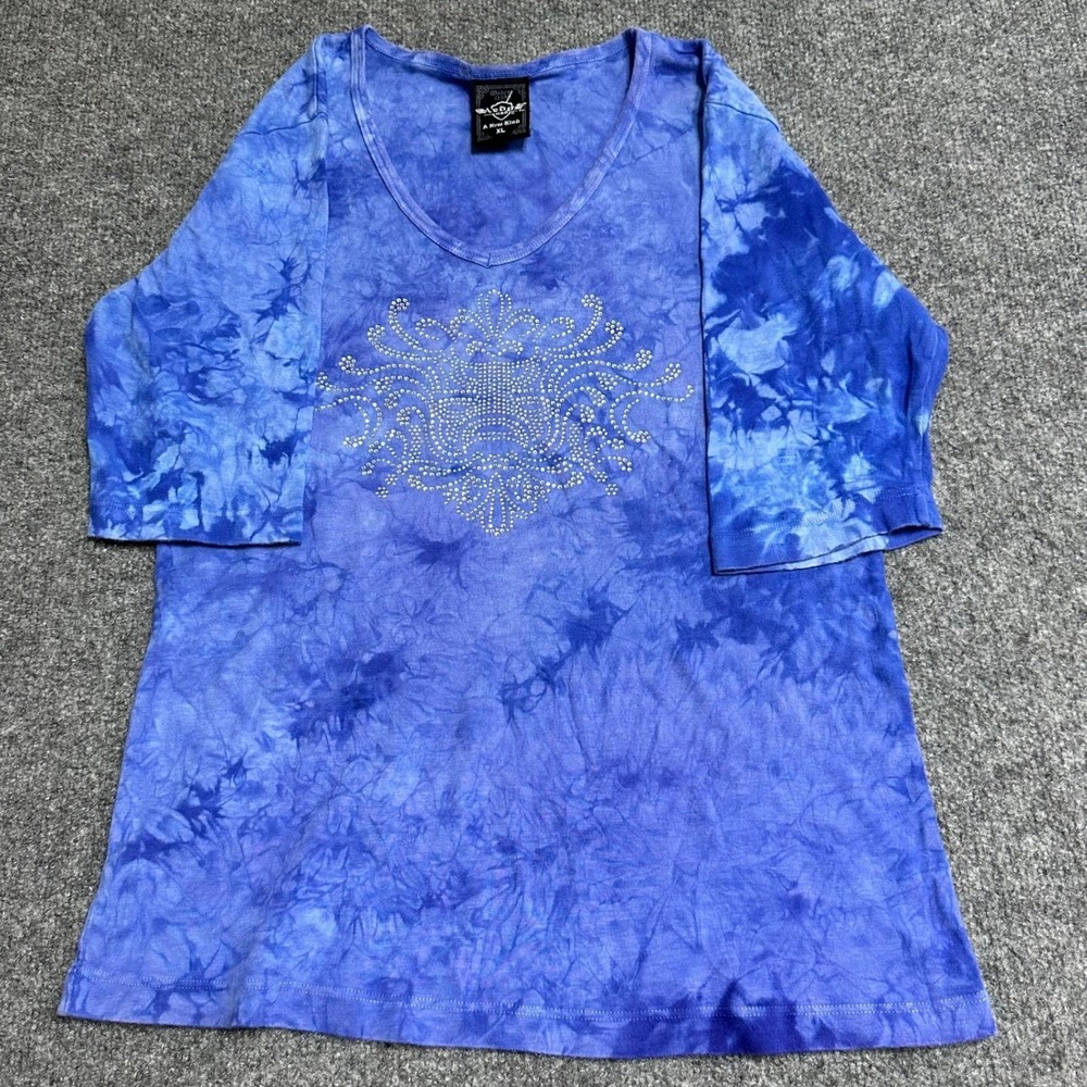 Sledge USA Shirt Womens Size XL Blue Tie Dye Rhinestone V-Neck 3/4 Sleeve USA